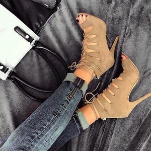 Chinese Laundry Tan Lace-Up Peep Toe Stiletto Booties with Side Zip